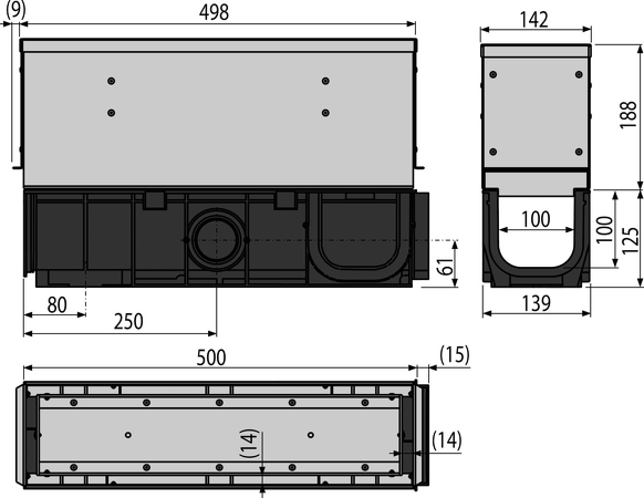 Venkovní žlab štěrbinový s asymetrickým revizním nástavcem 160 mm, nerez