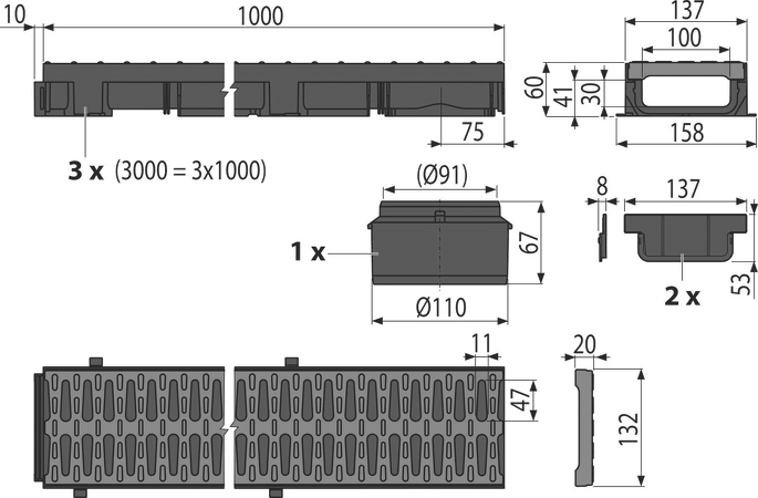 Garážový set 3 m (2× čelo, 1× hrdlo DN110)