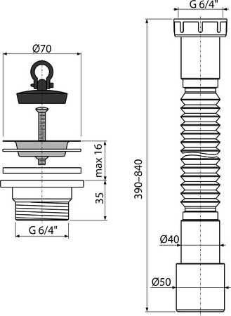 Flexi připojení 6/4"×40/50 plast + Výpust dřezová 6/4" s nerezovou mřížkou DN70