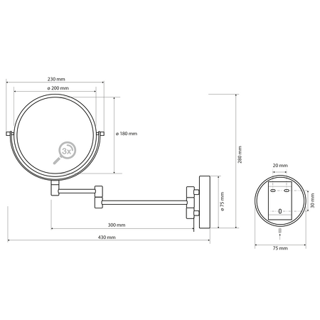X-ROUND závěsné kosmetické zrcátko, průměr 190mm, chrom