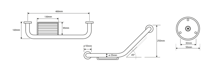 Madlo zahnuté s drátěnou mýdlenkou, 400x250x120mm, leštěný nerez