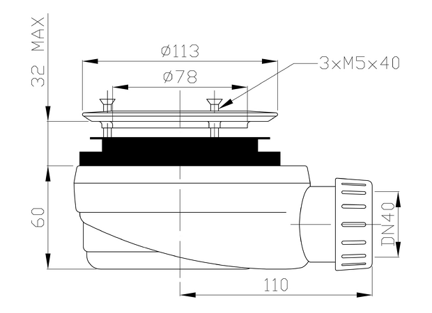 GELCO vaničkový sifon, průměr otvoru 90 mm, DN40, nízký, pro vaničky s krytem