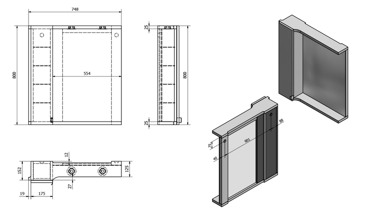 PULSE galerka s LED osvětlením 2 x 3W, 75x80x17 cm, pravá, bílá/antracit