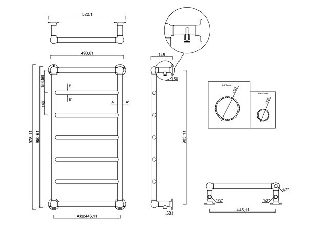 UNO retro otopné těleso 493x951mm, 175W, leštěný nerez