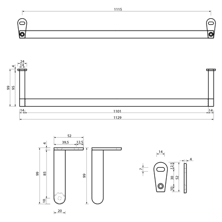 Čelní držák ručníků 120cm, chrom