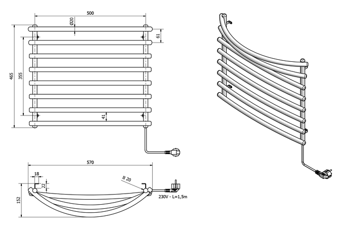 Elektrický sušák ručníků, 570x465 mm, 72 W, bílý