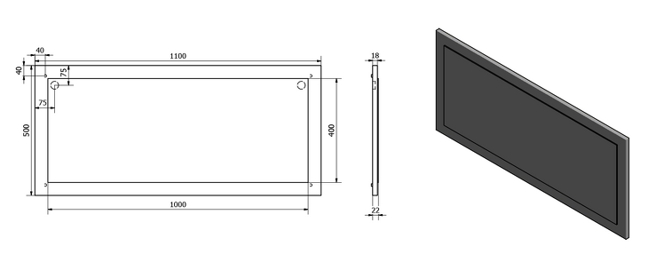 TREOS zrcadlo v rámu 1100x500x28mm, černá mat