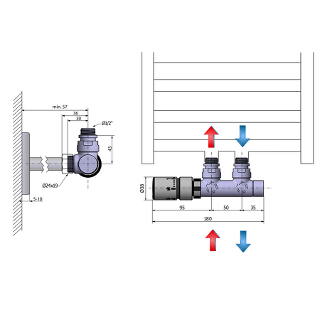 TWIN připojovací sada ventilů termostatická pro středové připojení, levá, brouš.nerez
