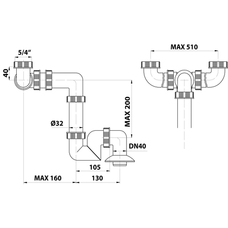 Umyvadlový sifon pro dvojumyvadlo, 5/4", DN40, bílá