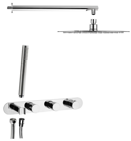 Podomítkový sprchový set s termostatickou baterií a držákem ruční sprchy, 2 výstupy, kulatá, chrom