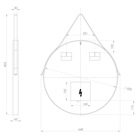 ORBITER kulaté zrcadlo s LED osvětlením ø 60cm, kožený pásek, černá mat