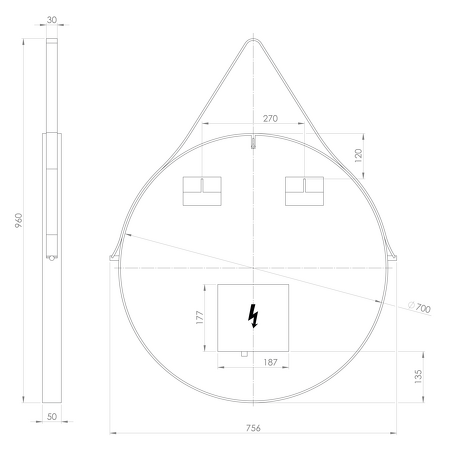 ORBITER kulaté zrcadlo s LED osvětlením ø 70cm, kožený pásek, černá mat