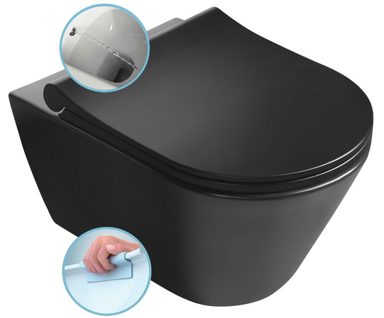 AVVA závěsná WC mísa Rimless s bidet. sprškou, 35,5x53 cm, černá mat