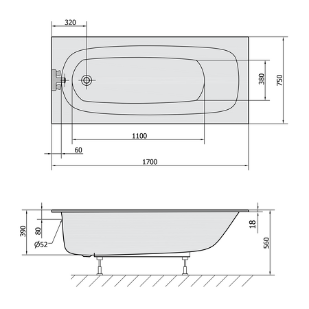 EBRO SLIM obdélníková vana 170x75x39cm, bílá