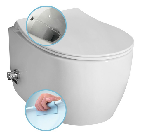 SENTIMENTI závěsná WC mísa, Rimless, integrovaný ventil a bidet. sprška, 36x51 cm, bílá