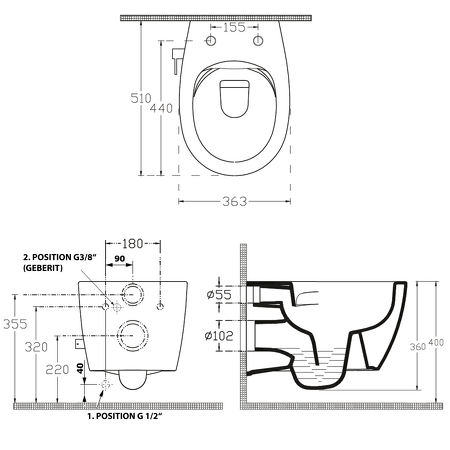 SENTIMENTI závěsná WC mísa, Rimless, integrovaný ventil a bidet. sprška, 36x51 cm, bílá