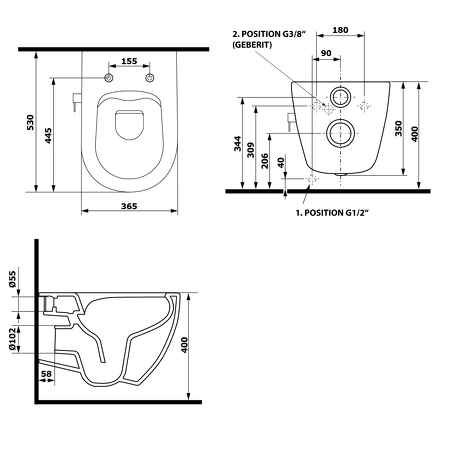 INFINITY závěsná WC mísa Rimless, integrovaný ventil a bidet. sprška, 36,5x53 cm, bílá