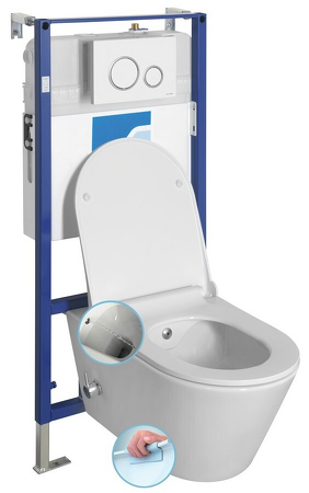 Závěsné WC AVVA Rimless, integr. baterie a bidet. sprška s podomítkovou nádržkou a tlačítkem Schwab, bílá