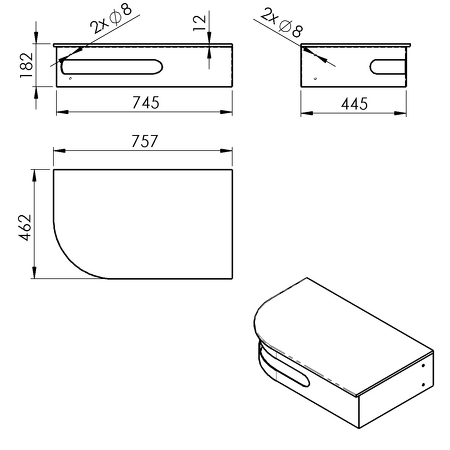 PULSE rohový stolek s umyvadlem 755x455 mm, broušená nerez, pravý