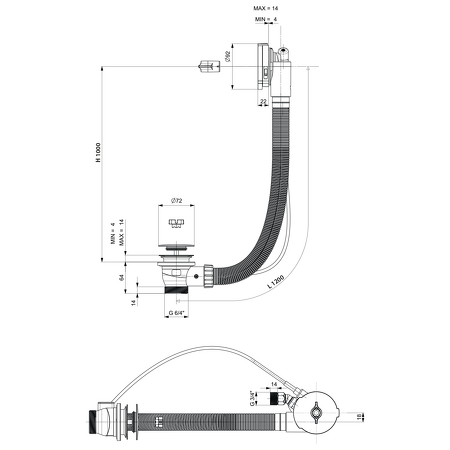 Vanová souprava s napouštěním, bovden, délka 1200mm, zátka 72mm, bílá
