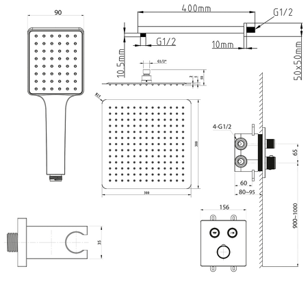 SMART SELECT podomítkový sprchový set s termostatickou baterií, 2 výstupy, vyústění, zlato mat
