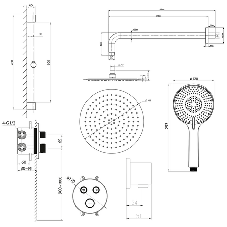 SMART SELECT podomítkový sprchový set s termostatickou baterií, 2 výstupy, posuvný držák sprchy, chrom