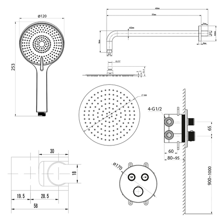 SMART SELECT podomítkový sprchový set s termostatickou baterií, 2 výstupy, vyústění, černá mat